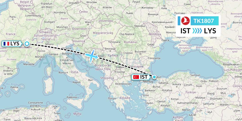 TK1807 Turkish Airlines Flight Map: Istanbul to Lyon