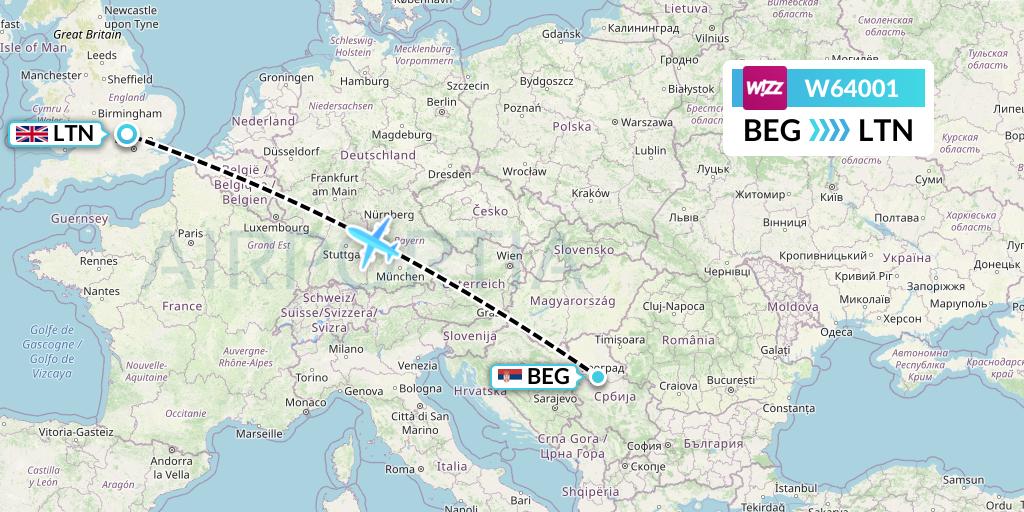 W64001 Wizz Air Flight Map: Belgrade to London