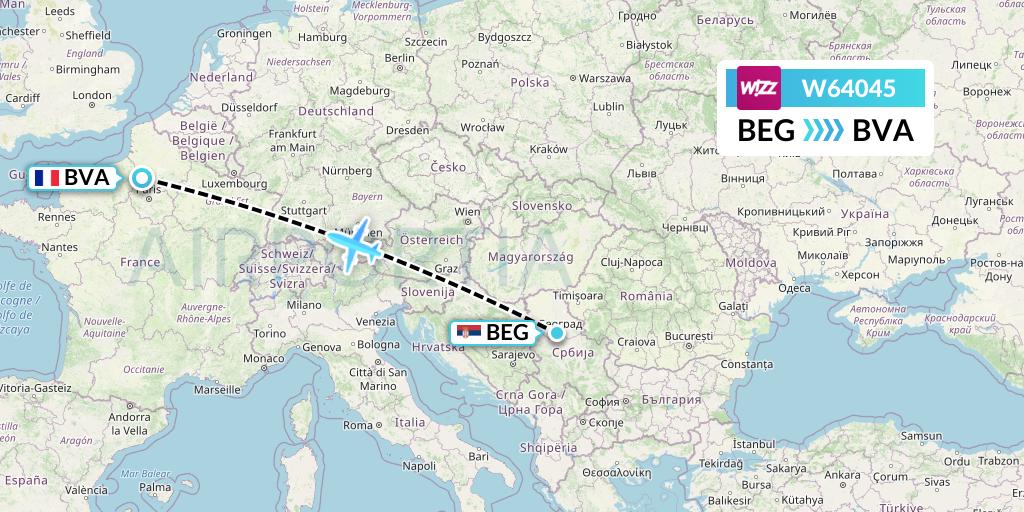 W64045 Wizz Air Flight Map: Belgrade to Paris