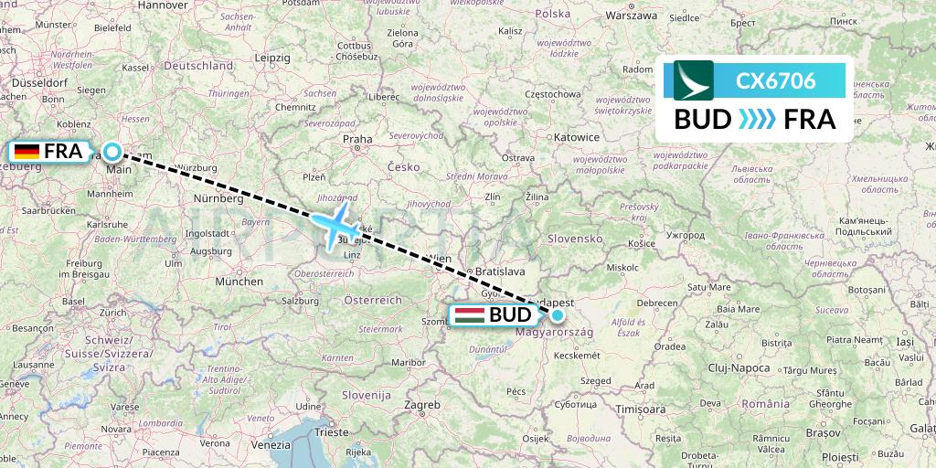 CX6706 Cathay Pacific Flight Map: Budapest to Frankfurt