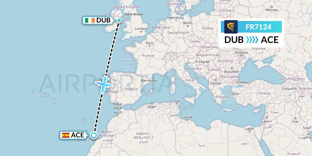 FR7124 Ryanair Flight Map: Dublin to Lanzarote