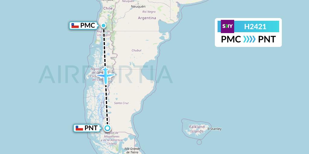 H2421 Sky Airline Flight Map: Puerto Montt to Puerto Natales