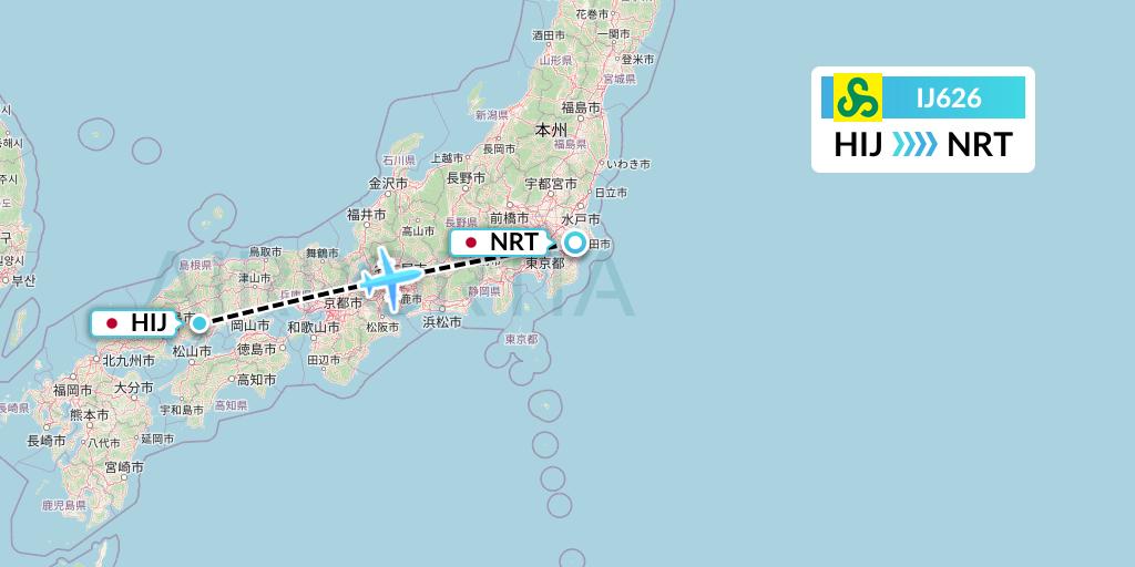IJ626 Spring Airlines Japan Flight Map: Hiroshima to Tokyo