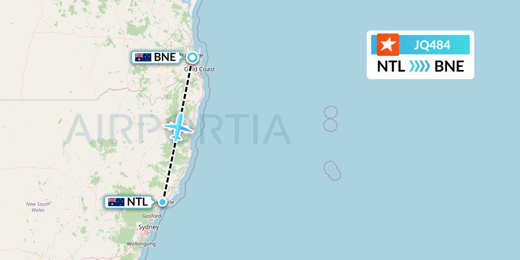 JQ484 Jetstar Airways Flight Map: Newcastle to Brisbane
