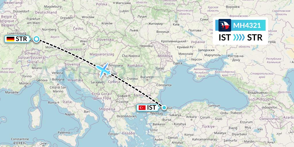 MH4321 Malaysia Airlines Flight Map: Istanbul to Stuttgart