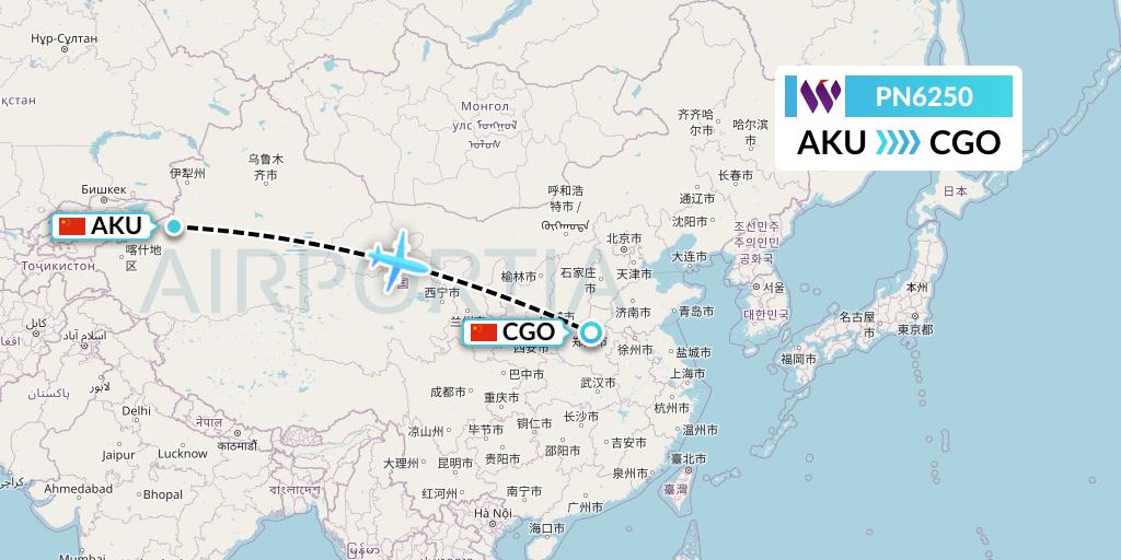 PN6250 China West Air Flight Map: Aksu to Zhengzhou