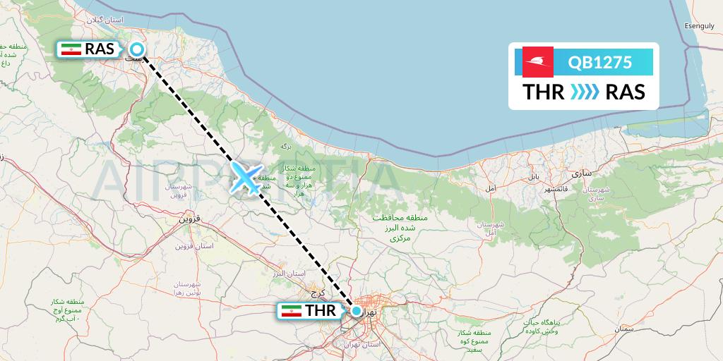 QB1275 Qeshm Airlines Flight Map: Tehran to Rasht