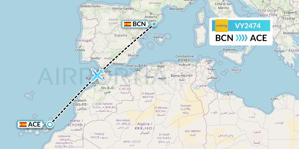 VY2474 Vueling Flight Map: Barcelona to Lanzarote