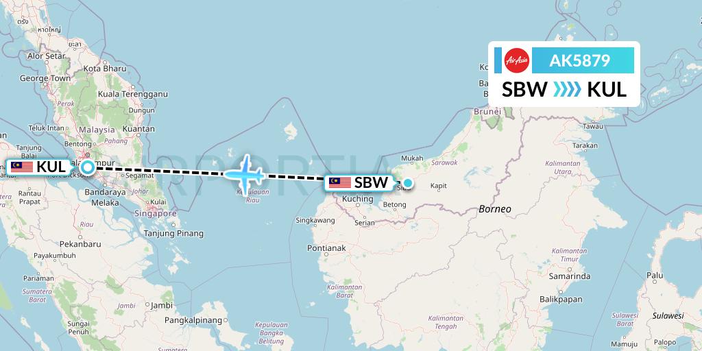 AK5879 AirAsia Flight Map: Sibu to Kuala Lumpur