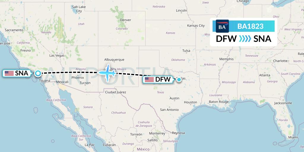 BA1823 British Airways Flight Map: Dallas to Orange County