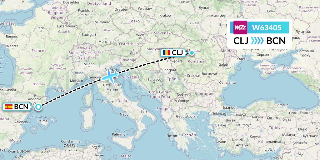 W63405 Wizz Air Flight Map: Cluj-Napoca to Barcelona