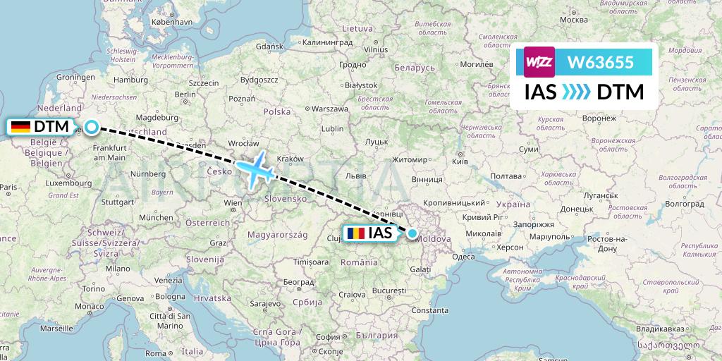 W63655 Wizz Air Flight Map: Iasi to Dortmund
