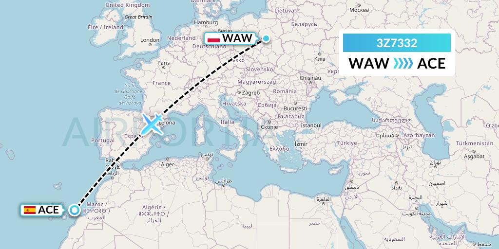 3Z7332 Smartwings Poland Flight Map: Warsaw to Lanzarote