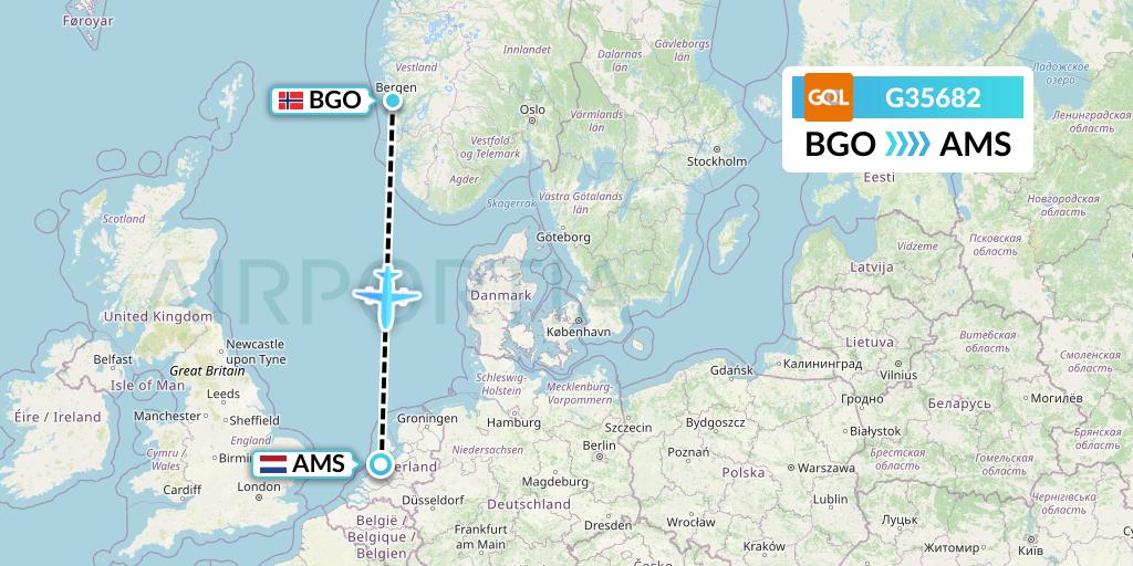 G35682 GOL Transportes Aeros Flight Map: Bergen to Amsterdam