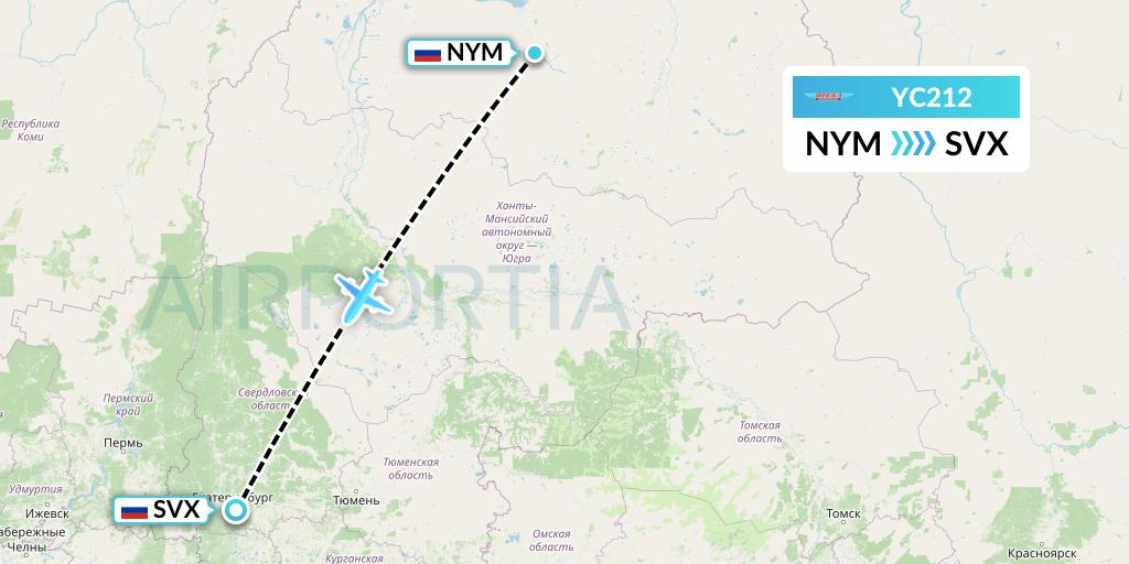 YC212 Yamal Airlines Flight Map: Nadym to Yekaterinburg