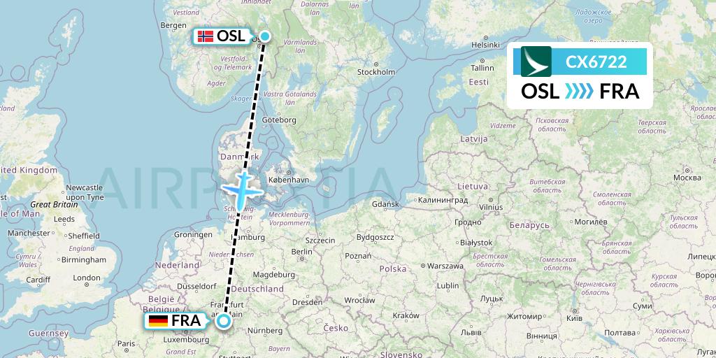 CX6722 Cathay Pacific Flight Map: Oslo to Frankfurt