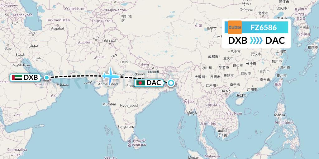 FZ6586 FlyDubai Flight Map: Dubai to Dhaka