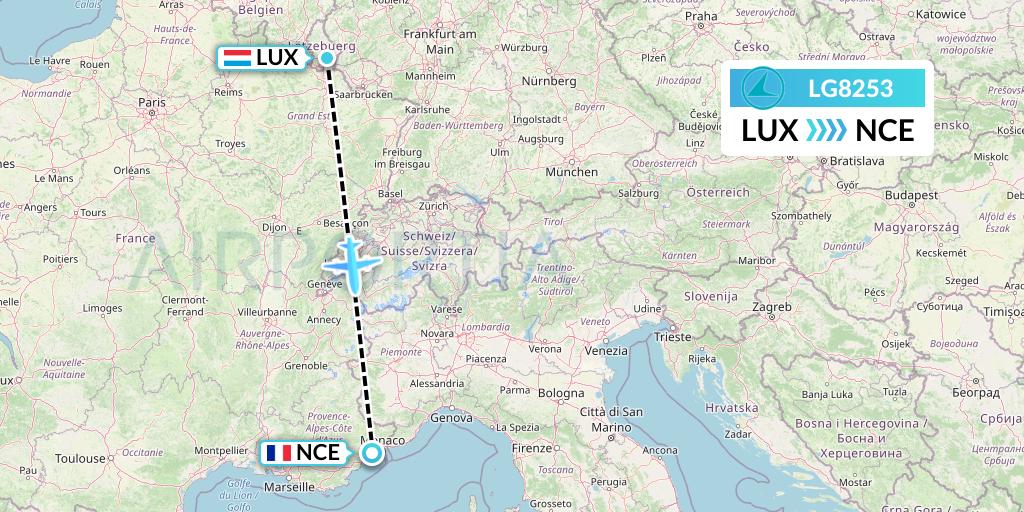 LG8253 Luxair Flight Map: Luxembourg to Nice