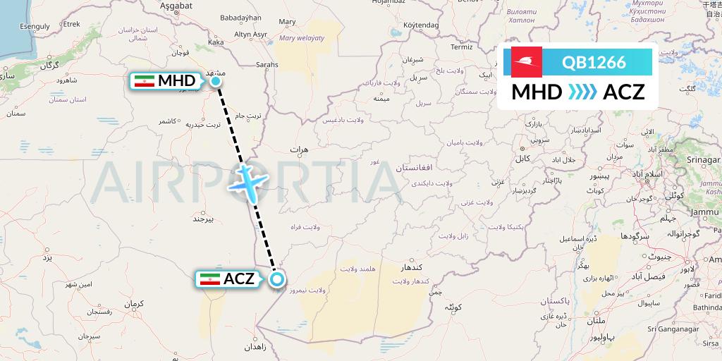 QB1266 Qeshm Airlines Flight Map: Mashhad to Zabol