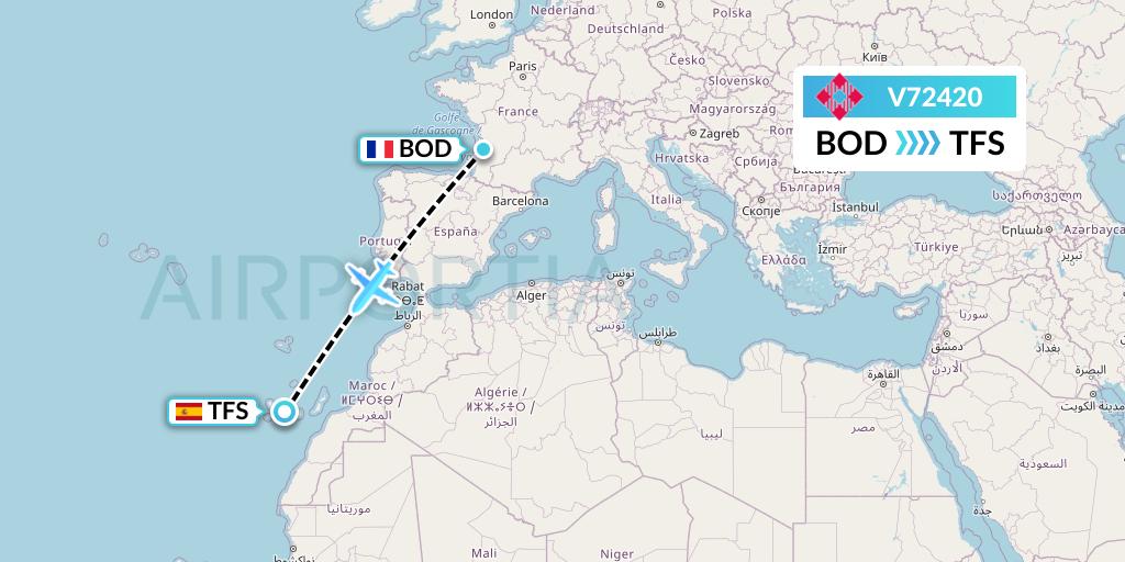V72420 Volotea Flight Map: Bordeaux to Tenerife