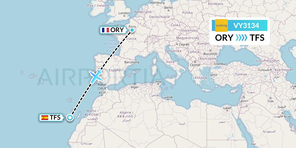 VY3134 Vueling Flight Map: Paris to Tenerife