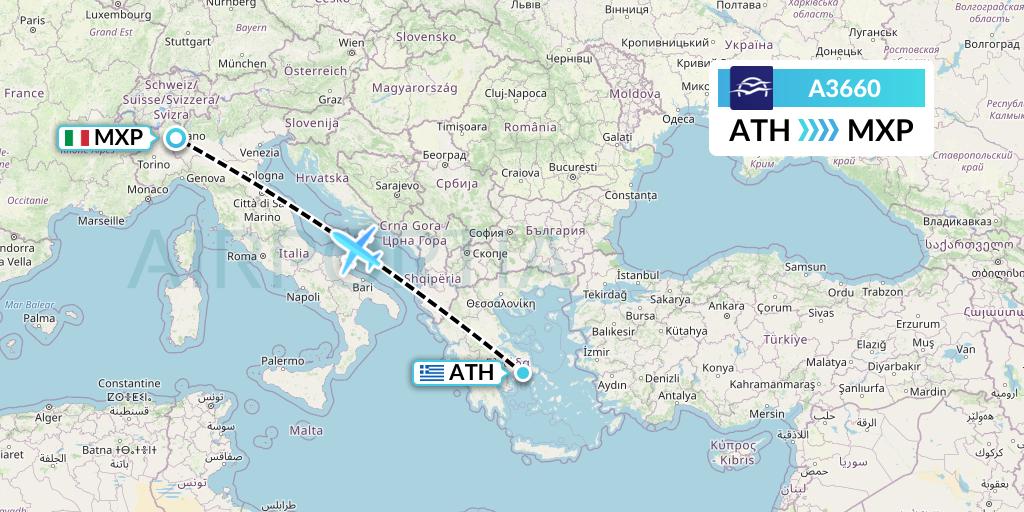 A3660 Aegean Airlines Flight Map: Athens to Milan
