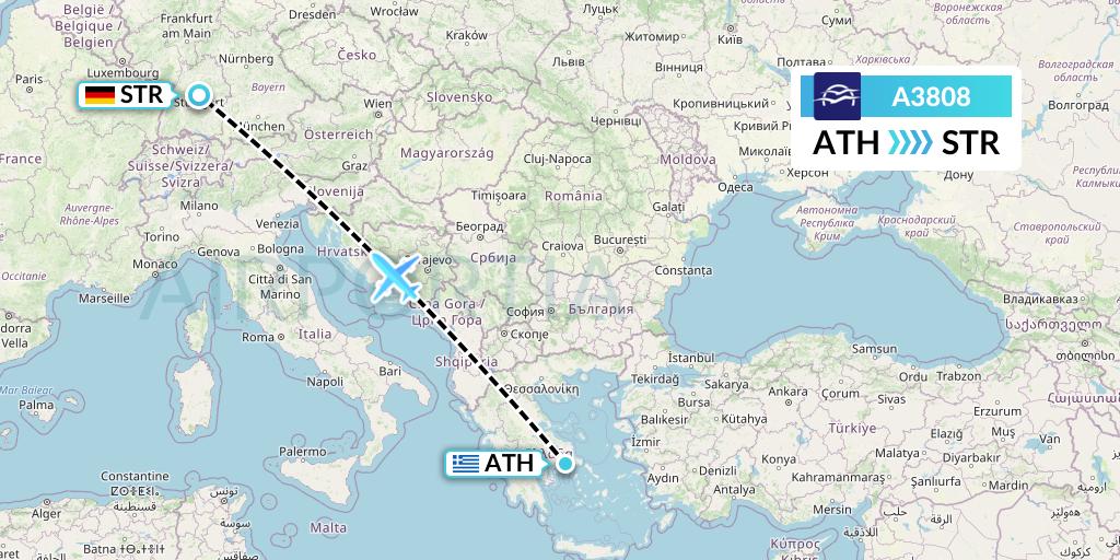 A3808 Aegean Airlines Flight Map: Athens to Stuttgart