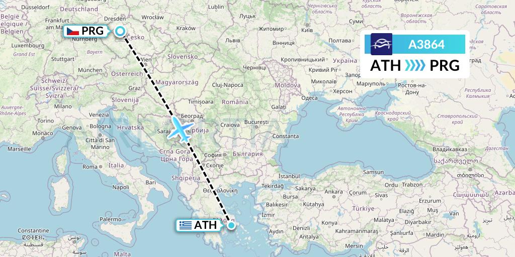 A3864 Aegean Airlines Flight Map: Athens to Prague