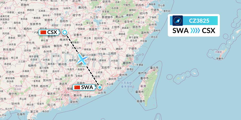 CZ3825 China Southern Airlines Flight Map: Jieyang to Changsha