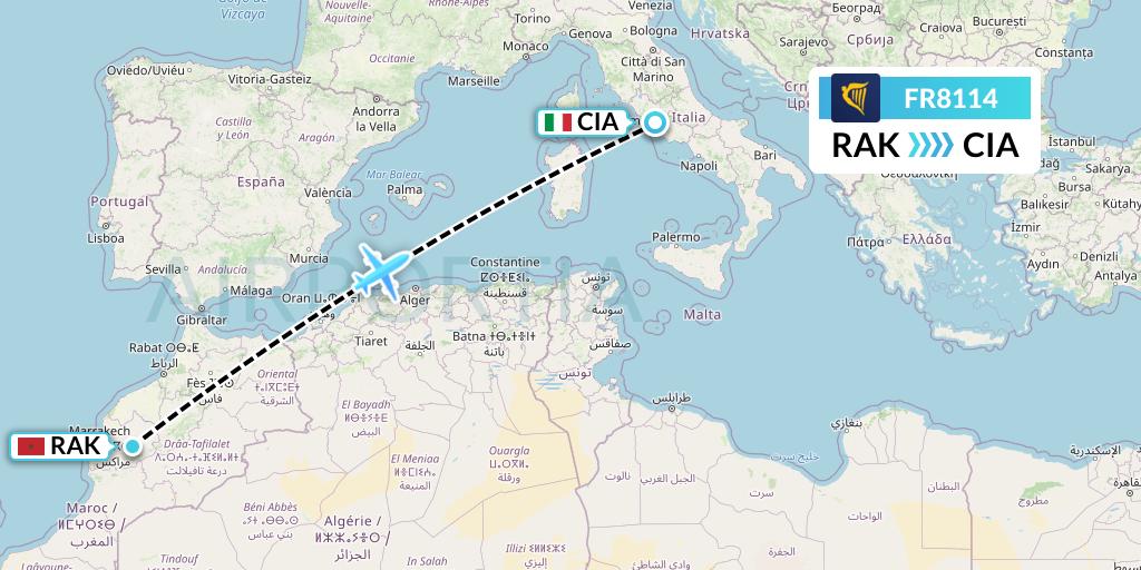 FR8114 Ryanair Flight Map: Marrakesh to Rome