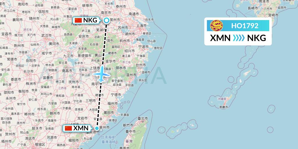 HO1792 Juneyao Airlines Flight Map: Xiamen to Nanjing