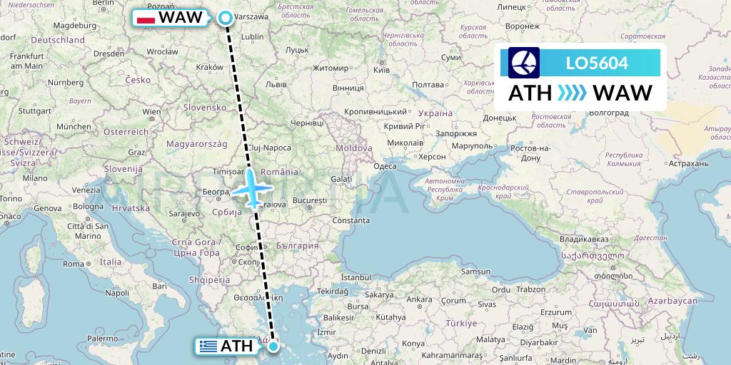 LO5604 LOT Flight Map: Athens to Warsaw