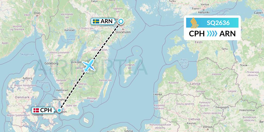 SQ2636 Singapore Airlines Flight Map: Copenhagen to Stockholm