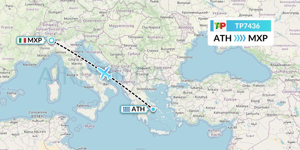 TP7436 TAP Portugal Flight Map: Athens to Milan