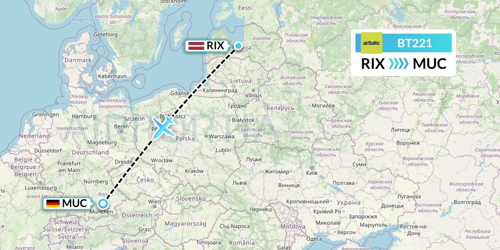 BT221 Air Baltic Flight Map: Riga to Munich