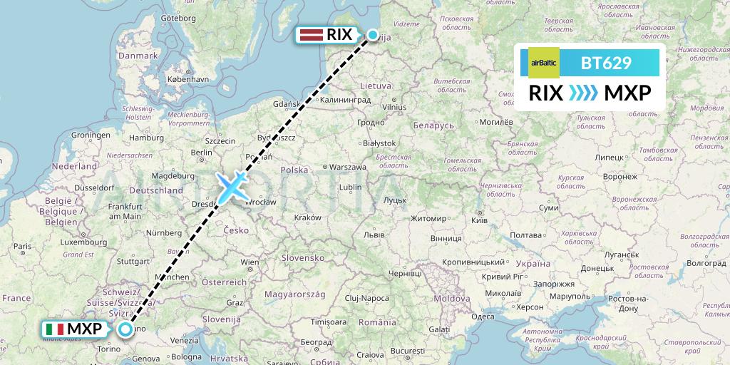 BT629 Air Baltic Flight Map: Riga to Milan