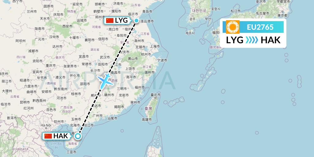 EU2765 Chengdu Airlines Flight Map: Lianyungang to Haikou