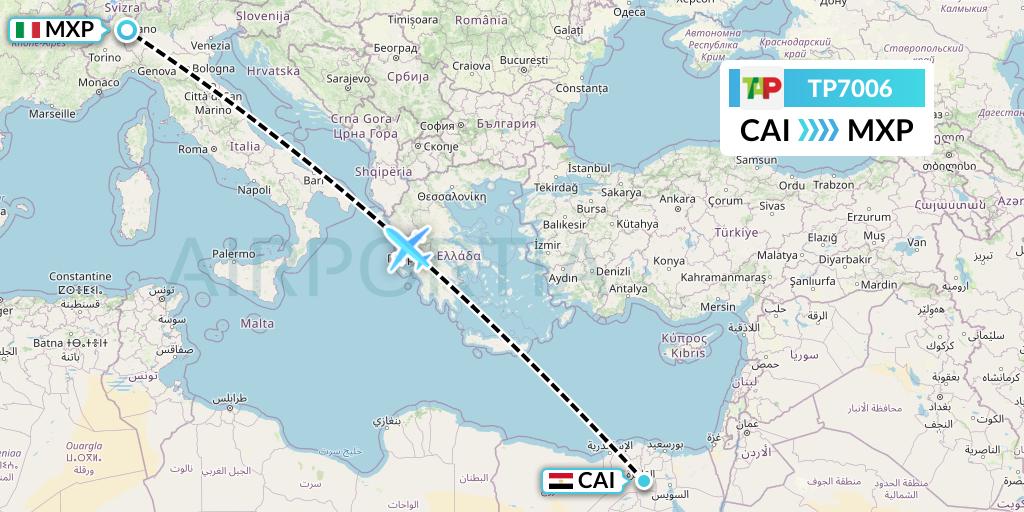 TP7006 TAP Portugal Flight Map: Cairo to Milan