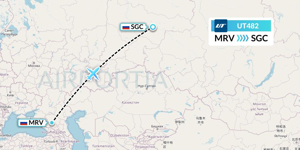 UT482 UTair Flight Map: Mineralnye Vody to Surgut