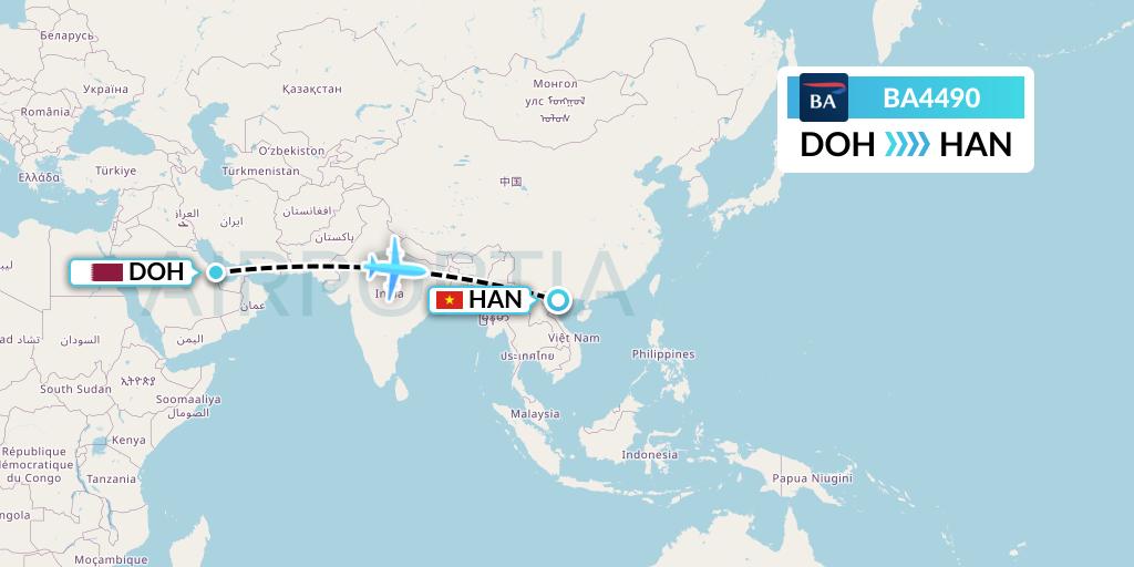 BA4490 British Airways Flight Map: Doha to Hanoi