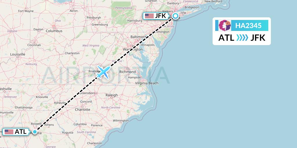 HA2345 Hawaiian Airlines Flight Map: Atlanta to New York