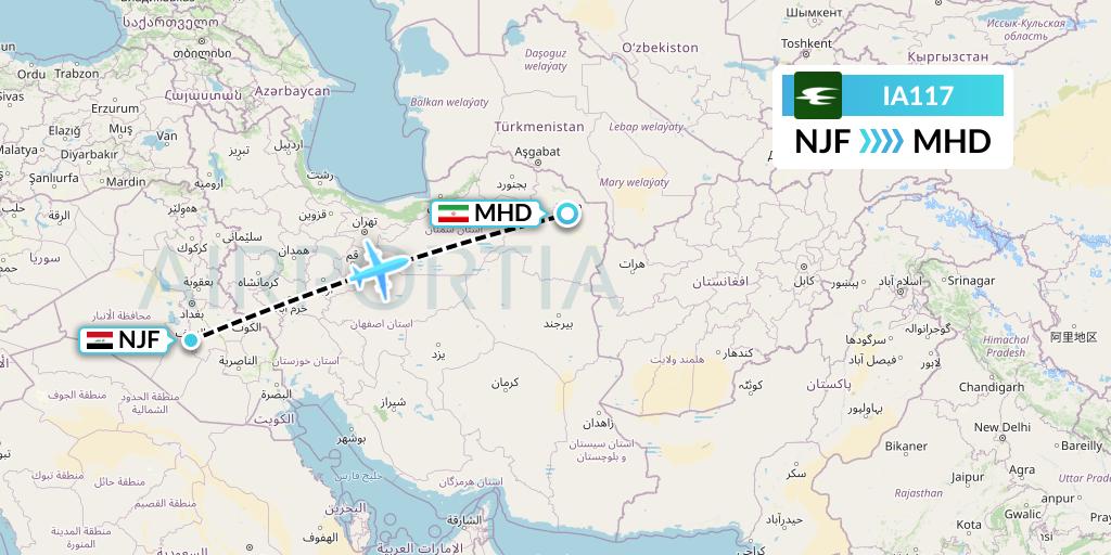 IA117 Iraqi Airways Flight Map: Najaf to Mashhad