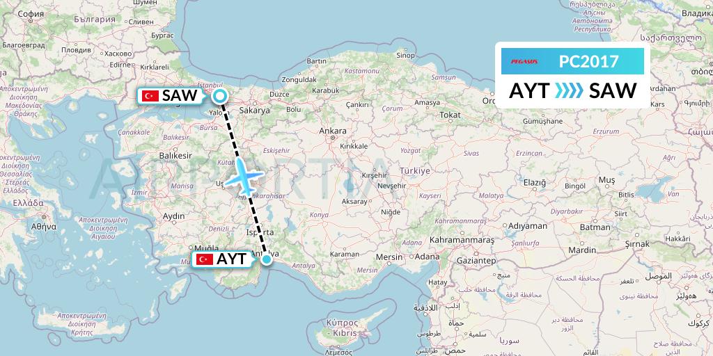 PC2017 Pegasus Airlines Flight Map: Antalya to Istanbul