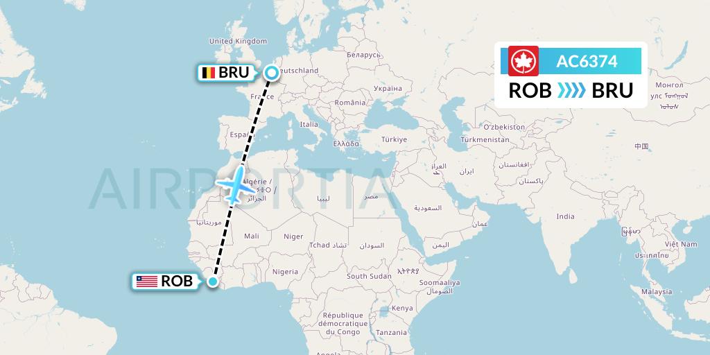 AC6374 Air Canada Flight Map: Monrovia to Brussels