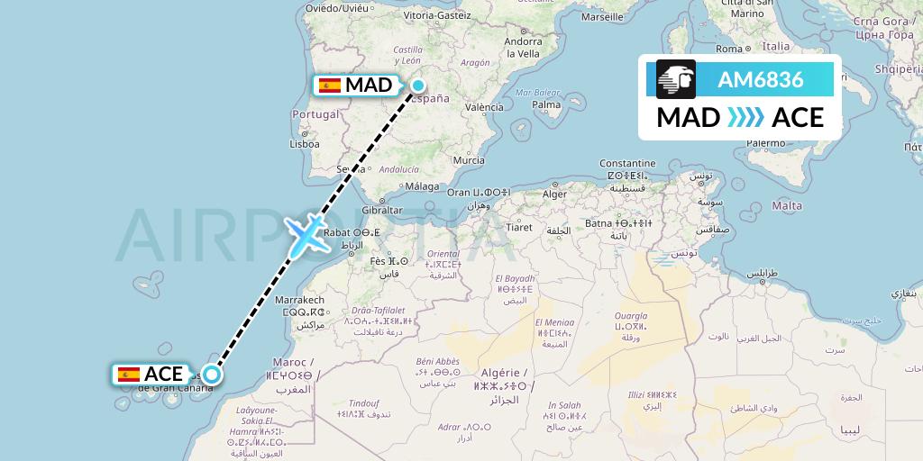 AM6836 Aeromexico Flight Map: Madrid to Lanzarote