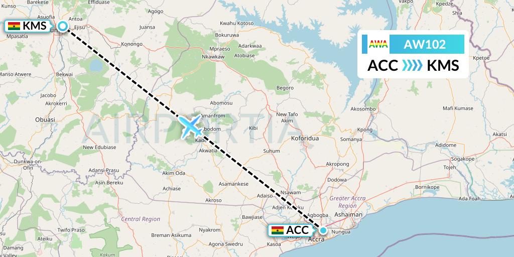 AW102 Africa World Airlines Flight Map: Accra to Kumasi