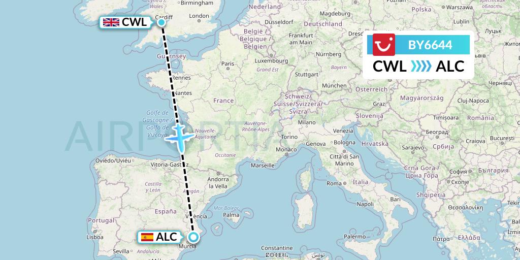 BY6644 TUI Airways Flight Map: Cardiff to Alicante