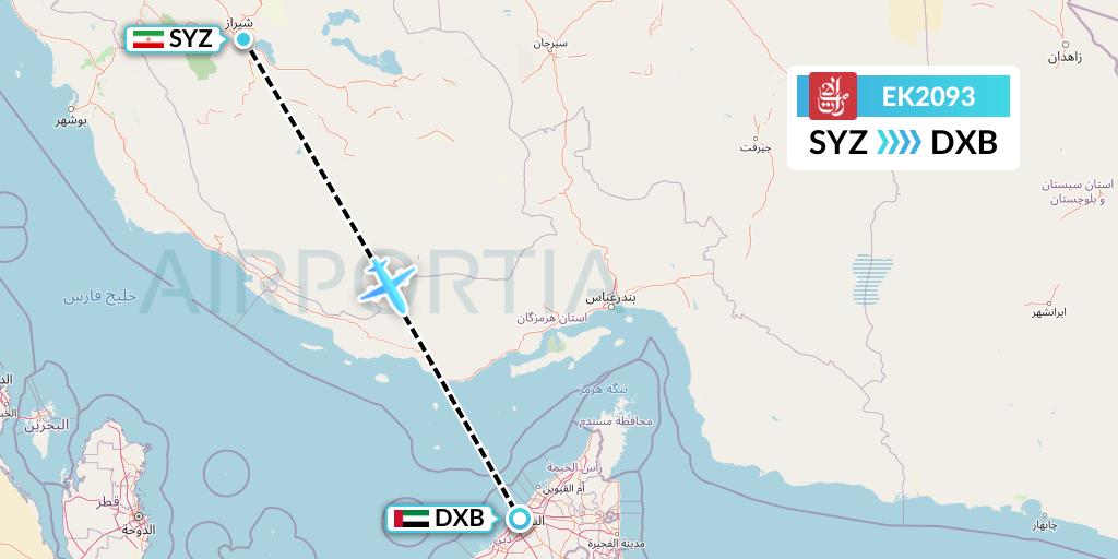 EK2093 Emirates Flight Map: Shiraz to Dubai