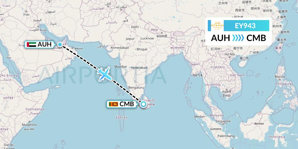 EY943 Etihad Airways Flight Map: Abu Dhabi to Colombo
