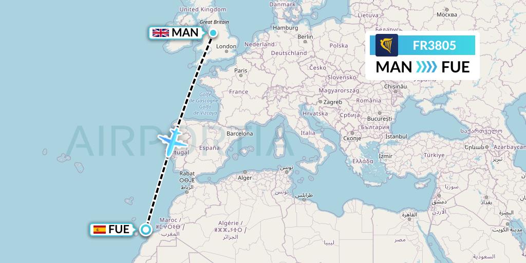 FR3805 Ryanair Flight Map: Manchester to Fuerteventura